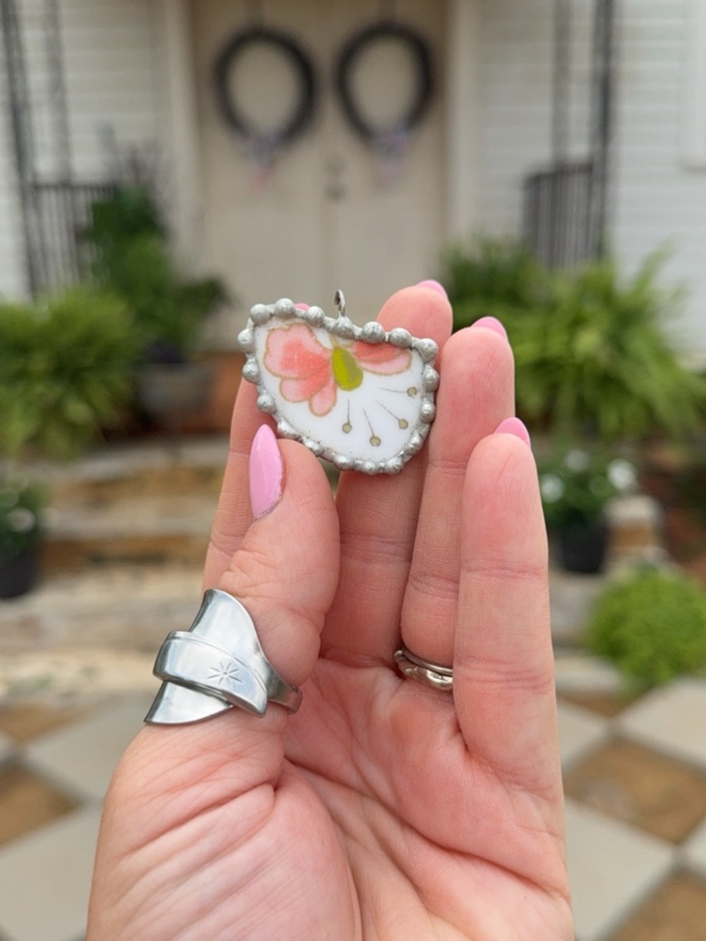 Handmade Floral Porcelain Heart Pendant - Pink & Green Detail